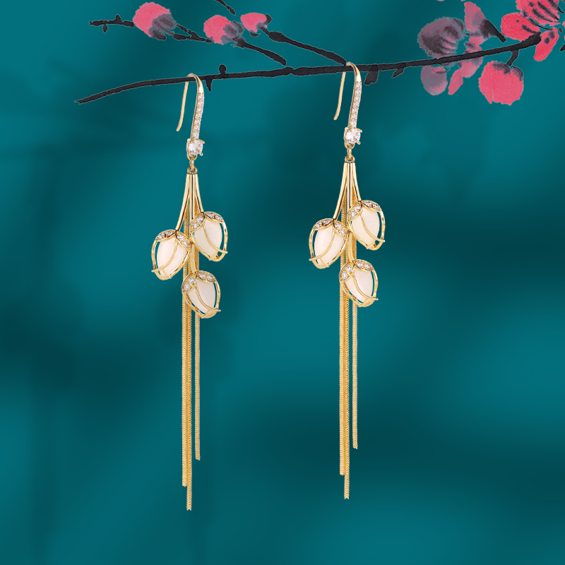 Cat's Eye Stone Tulip Tassel Earrings