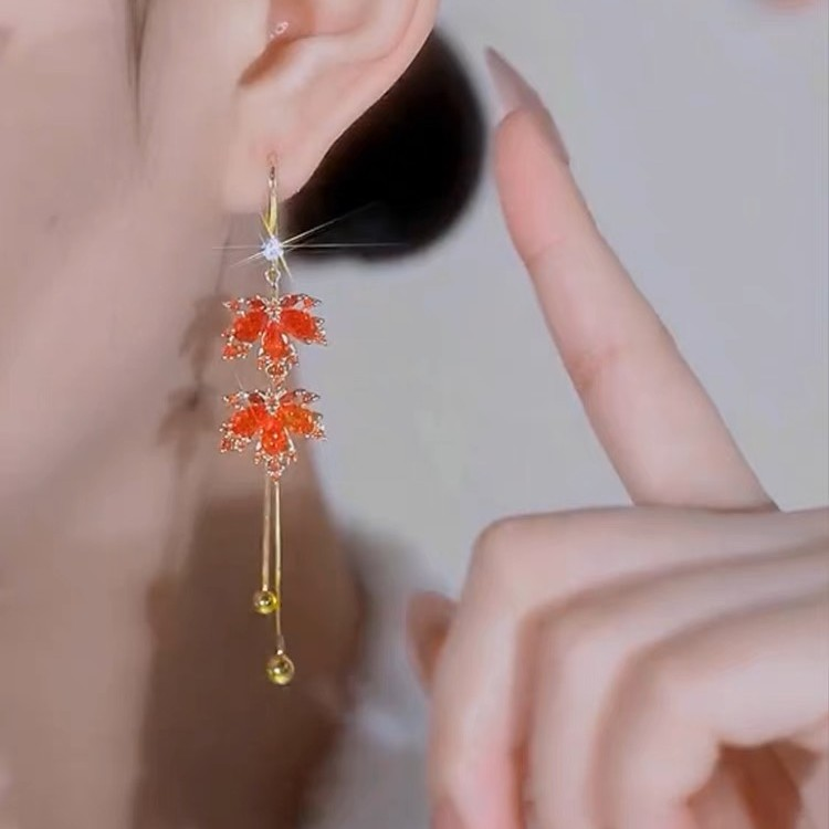 Maple Leaf Drop Tassel Earrings
