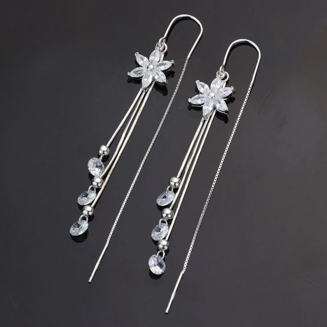 925 Sterling Silver Zirconia Flower with Chain Tassel Dangle Earrings