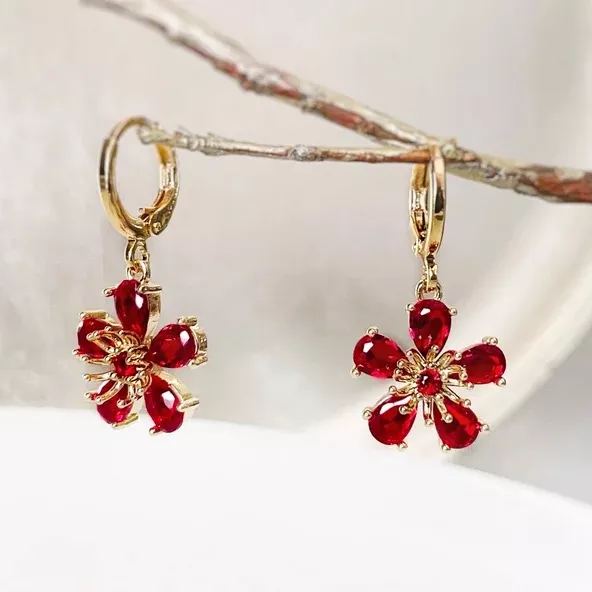 Garnet Flower Dangle Birthstone Earrings | Gift for Her