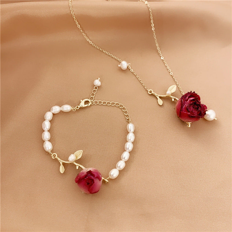 Branch Pearl Dried Rose Flower Bracelet Necklace