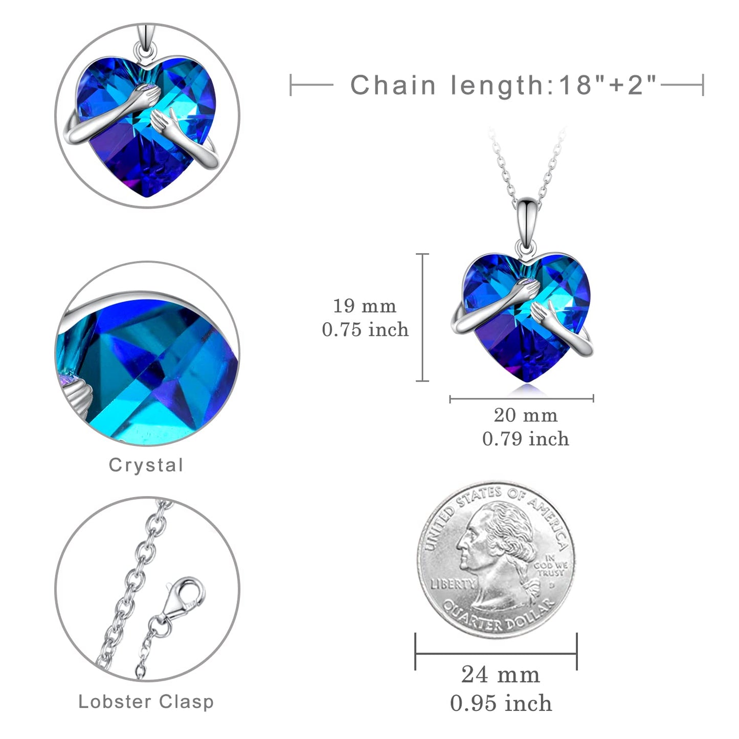 Blue Crystal Heart Hug Necklaces