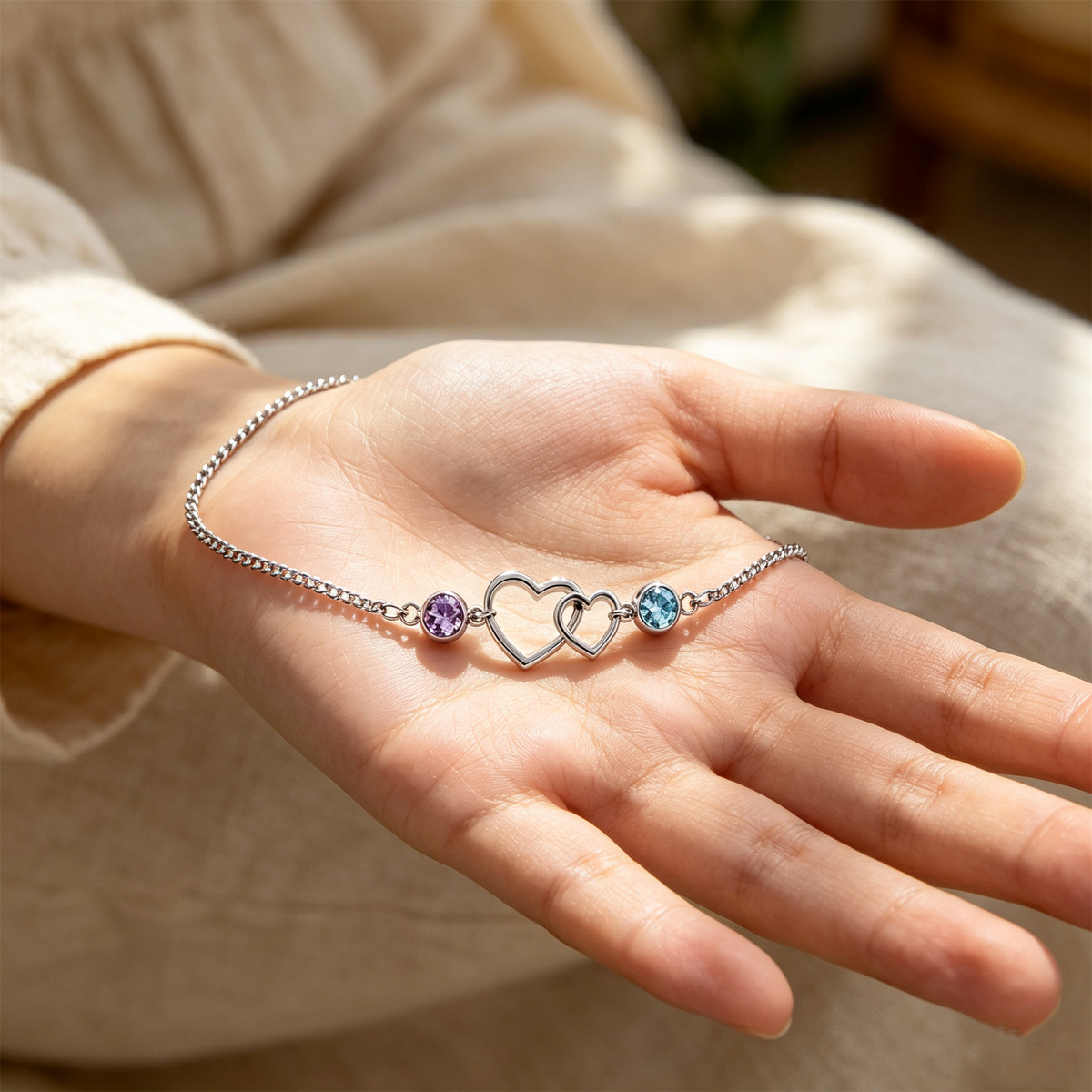 Grandmother&Granddaughter Connected By Heart Double Birthstones Bracelet