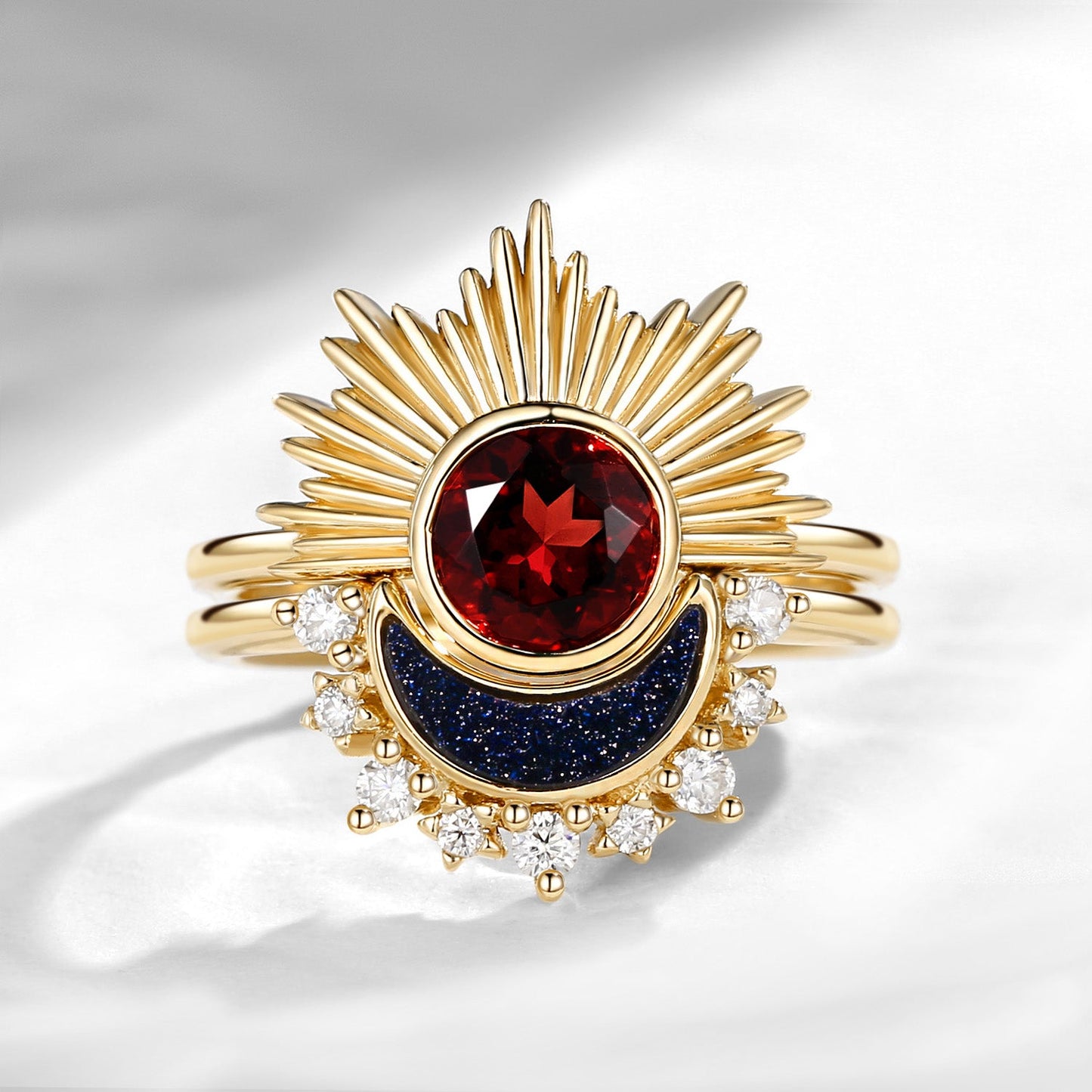 Retro Sun & Moon Engagement Ring Set
