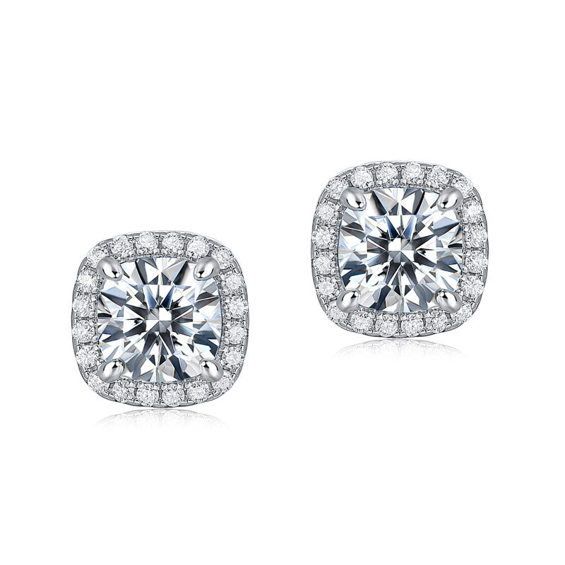 925 Sterling Silver Flawless Cushion Cut Diamond Halo Earrings