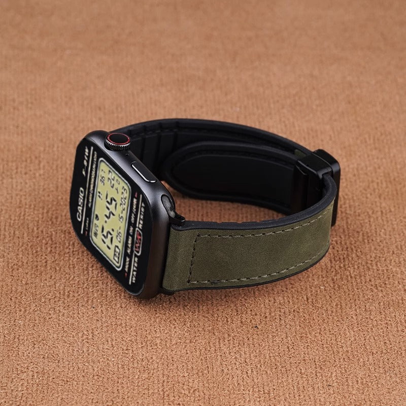 Vintage Leather Magnetic Foldover Buckle Band For Apple Watch
