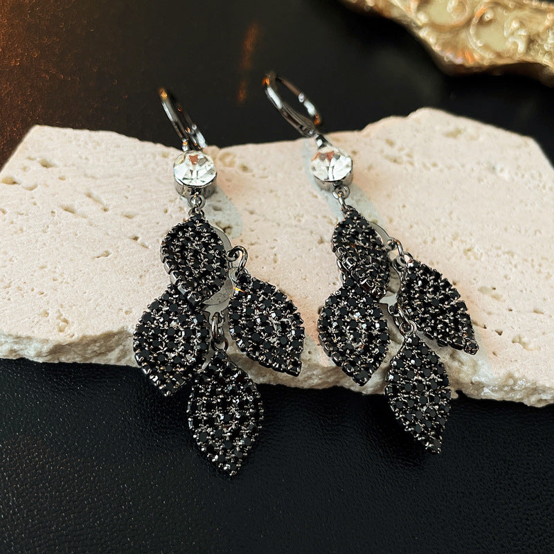 Diamond-Studded Leaves Tassel Earring