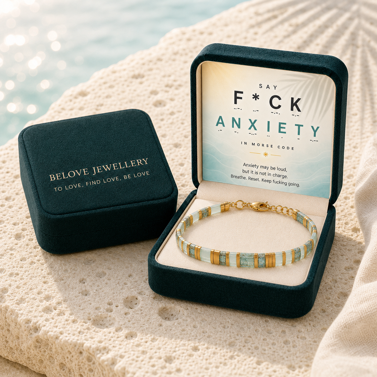 ‘F*ck Anxiety’ Ocean Teal Morse Code Tile Bracelet