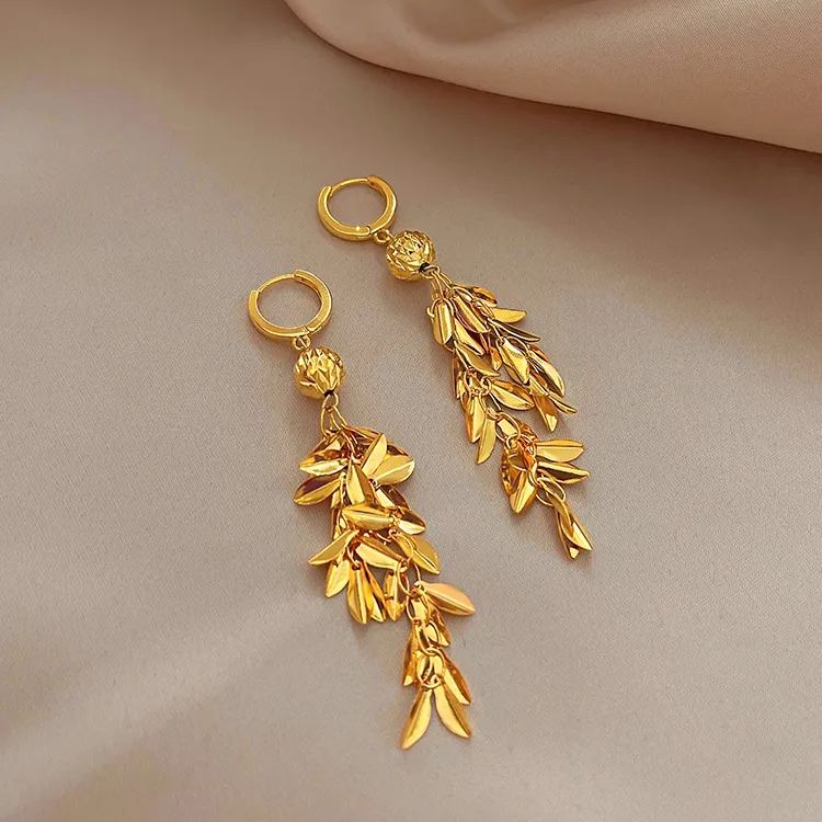 - Gold Leaf Lucky Beads Tassel Earrings