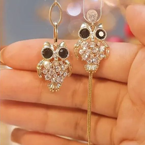 🦉Asymmetrical Owl Zircon Tassel Earrings