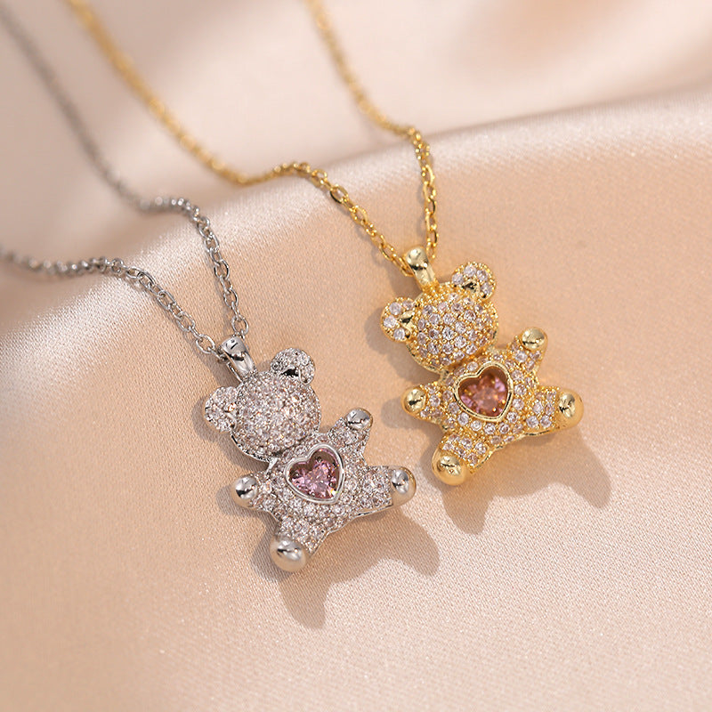 Rotating Heart Zircon Bear Necklace