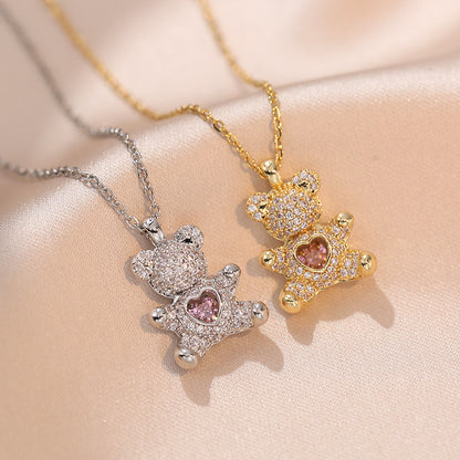 Rotating Heart Zircon Bear Necklace