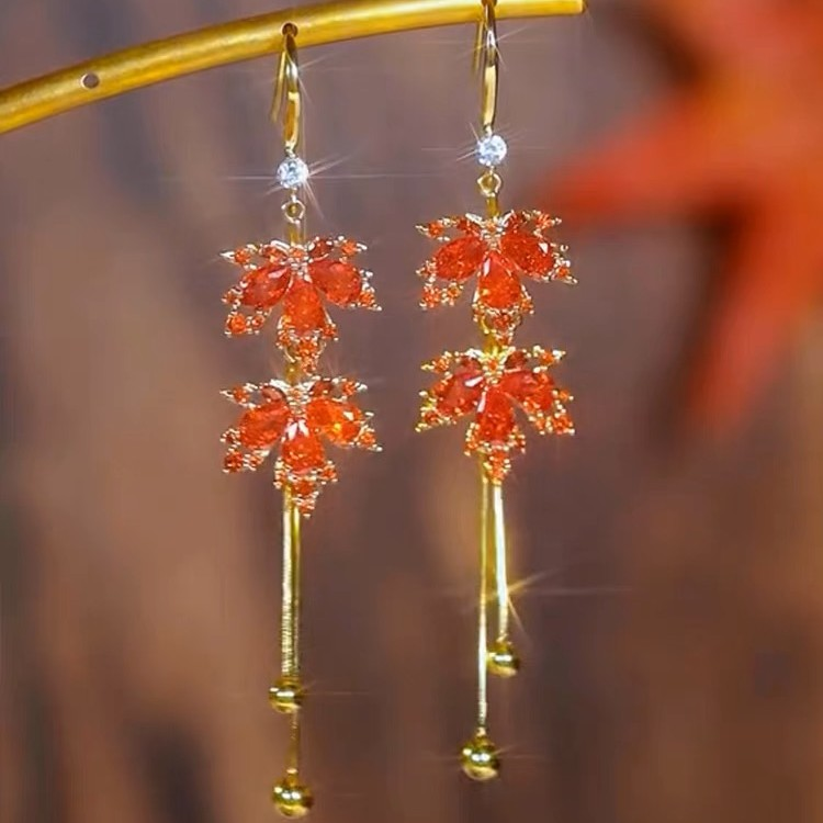 Maple Leaf Drop Tassel Earrings