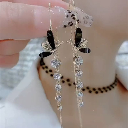Simple Black Butterfly Wings Long Tassel Earrings