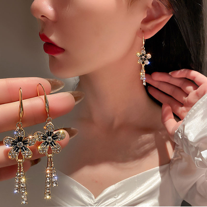 Flower Diamond Tassel Earrings