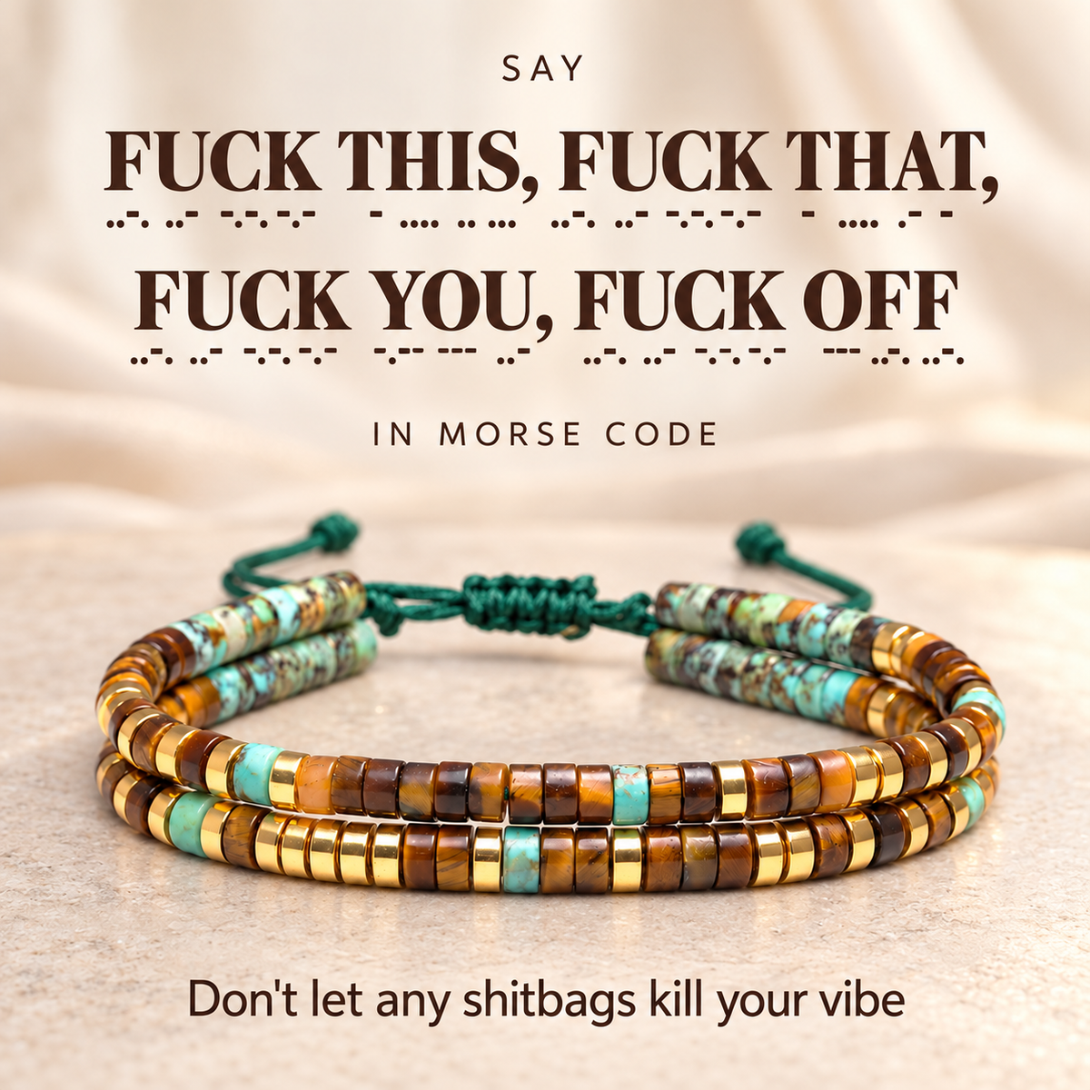 Fuck This Double Layer Morse Code Bracelet with African Turquoise Tiger eye