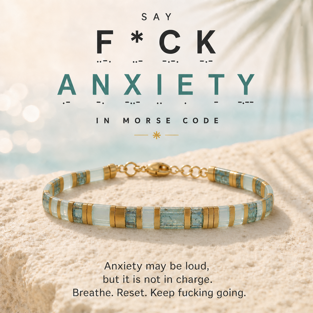 ‘F*ck Anxiety’ Ocean Teal Morse Code Tile Bracelet