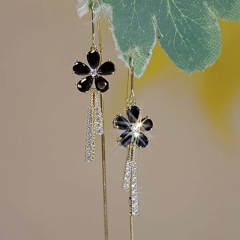 Crystal Cinquefoil Flower Tassel Earrings