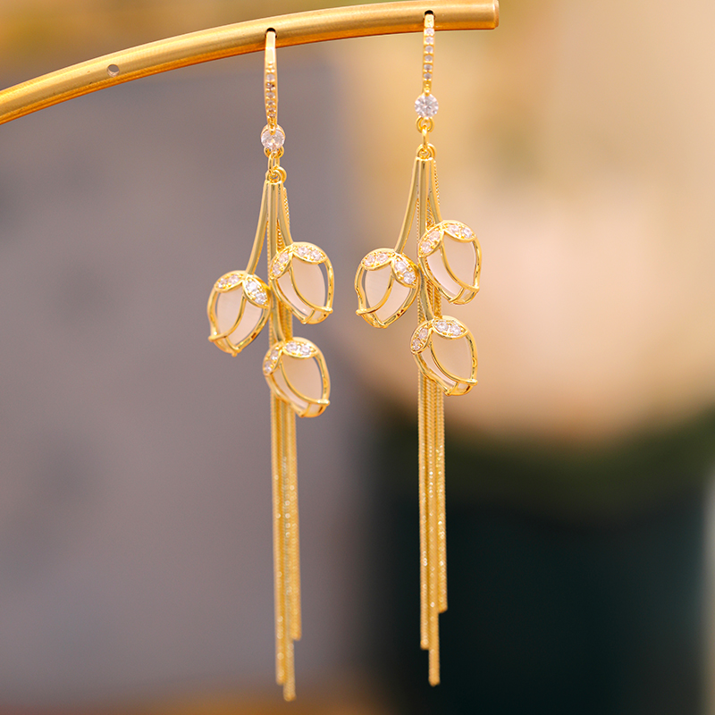 Cat's Eye Stone Tulip Tassel Earrings