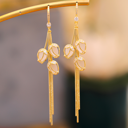 Cat's Eye Stone Tulip Tassel Earrings