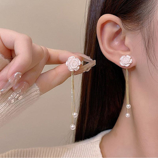 Fashion Simple White Camellia Tassel Earrings