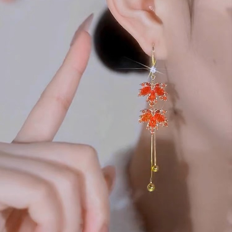 Maple Leaf Drop Tassel Earrings