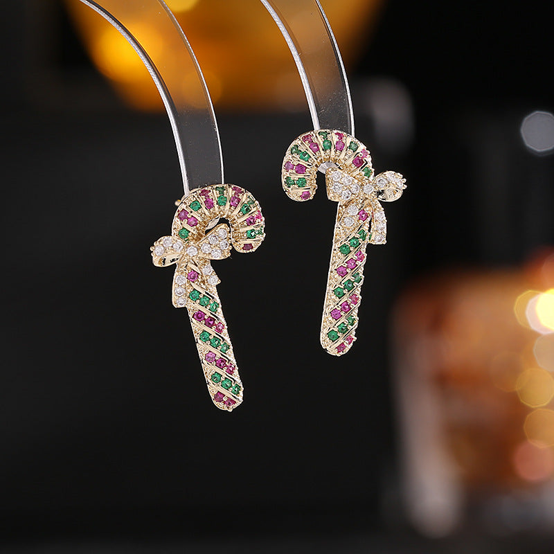 Fashion Christmas Colorful Zircon Bow Decor Fairy Stick Stud Earrings