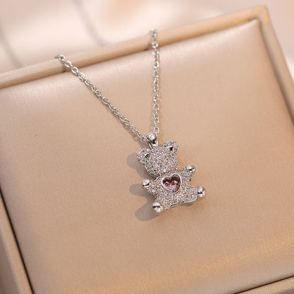 Rotating Heart Zircon Bear Necklace