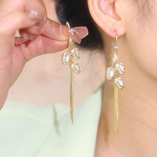 Cat's Eye Stone Tulip Tassel Earrings