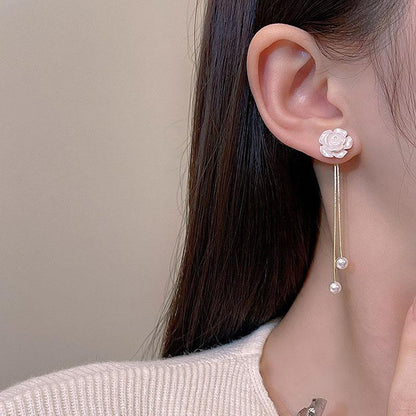 Fashion Simple White Camellia Tassel Earrings