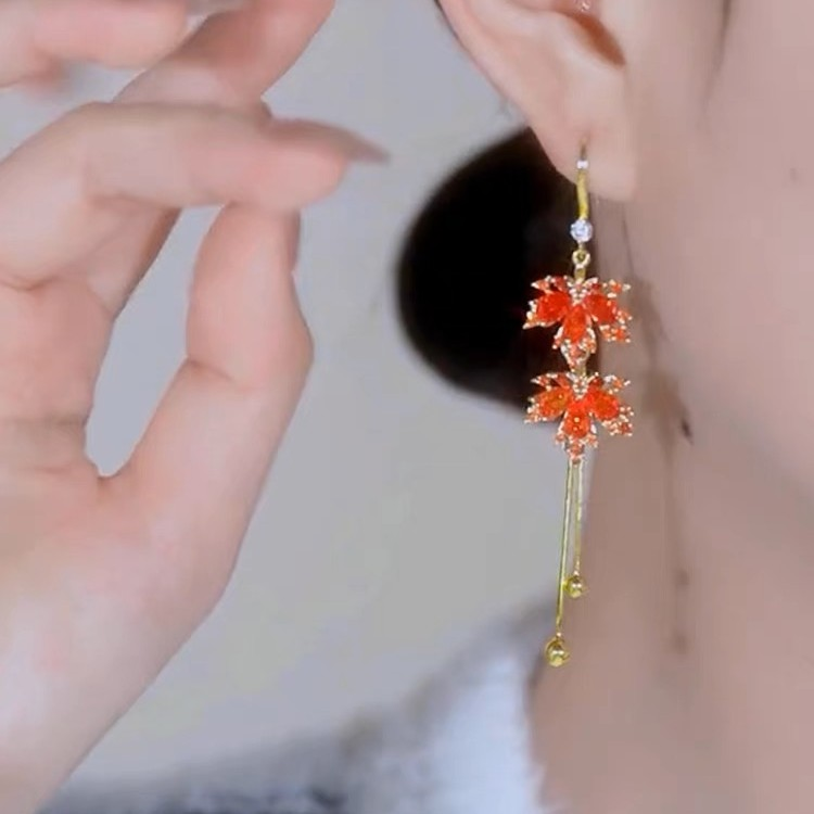 Maple Leaf Drop Tassel Earrings