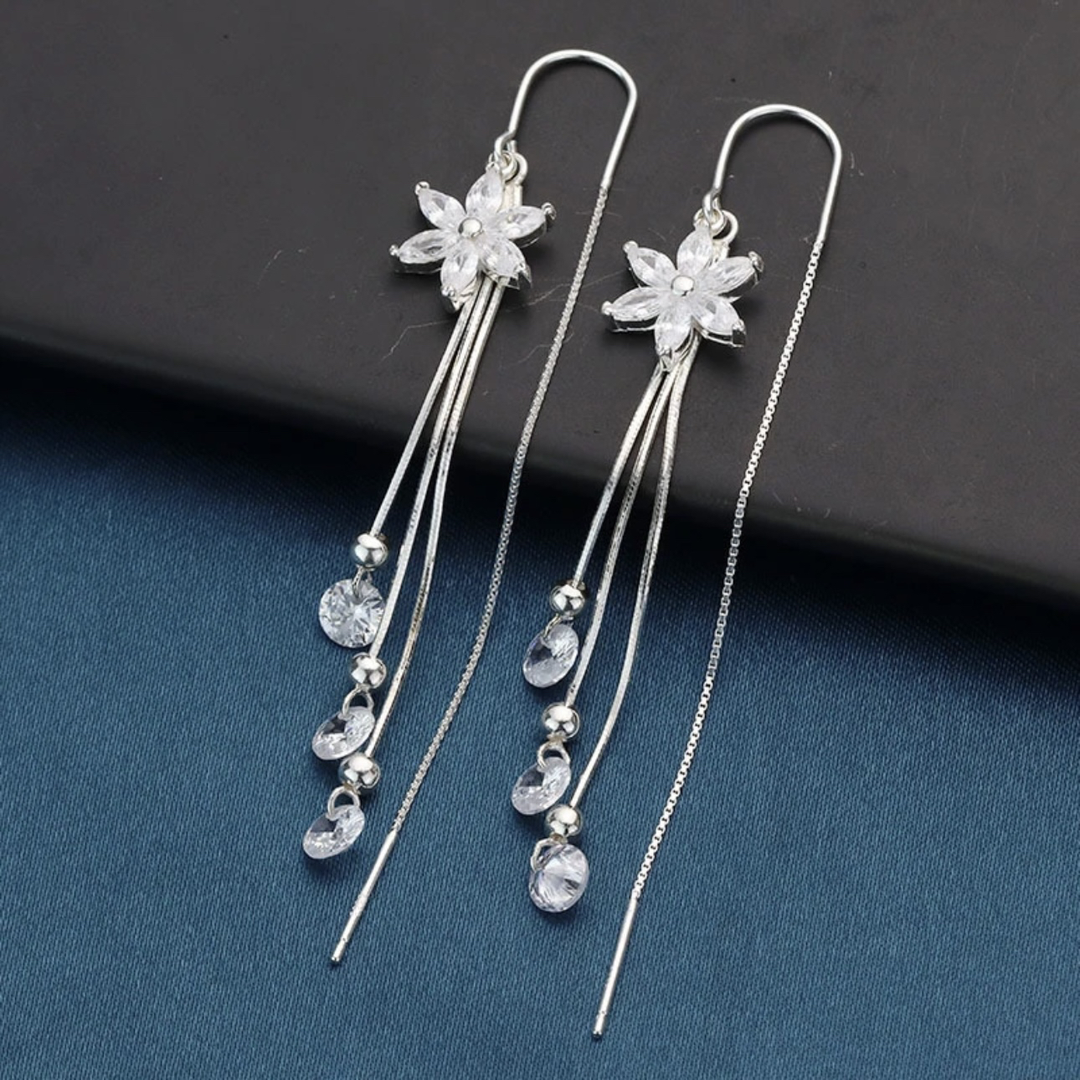 925 Sterling Silver Zirconia Flower with Chain Tassel Dangle Earrings