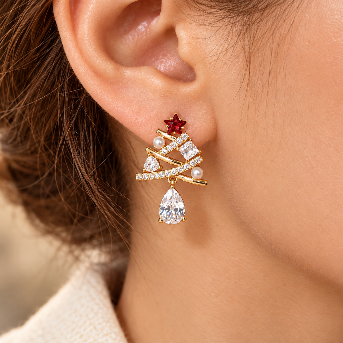 Christmas Tree Drop Earrings with Red Star and Teardrop Dangle