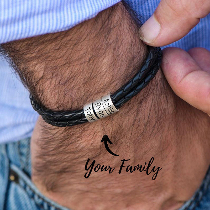 Men Braided Leather Bracelet with Small Custom Beads