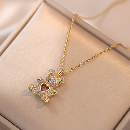 Rotating Heart Zircon Bear Necklace