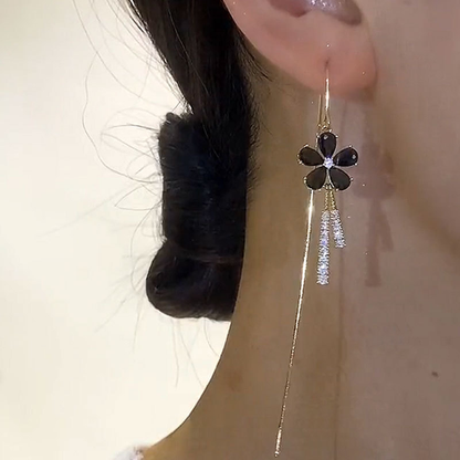 Crystal Cinquefoil Flower Tassel Earrings
