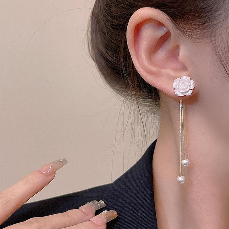 Fashion Simple White Camellia Tassel Earrings