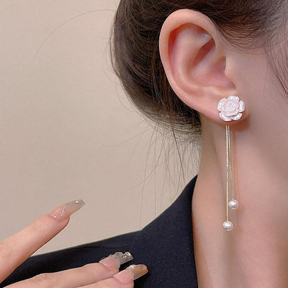 Fashion Simple White Camellia Tassel Earrings