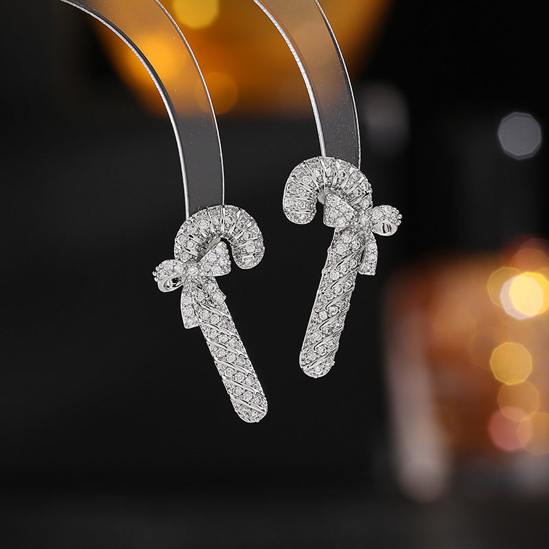 Fashion Christmas Colorful Zircon Bow Decor Fairy Stick Stud Earrings