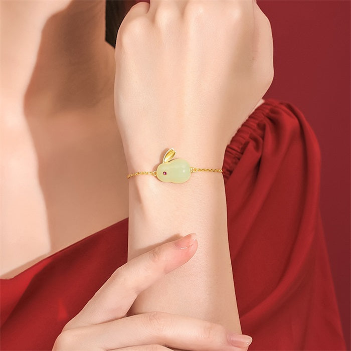 925 Sterling Silver Hetian Jade Lucky Rabbit Jewelry Set