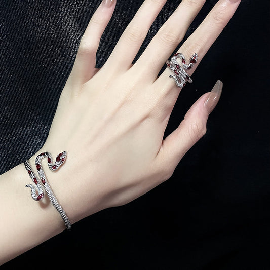 Snake-shaped Red Enamel Bracelet And Ring