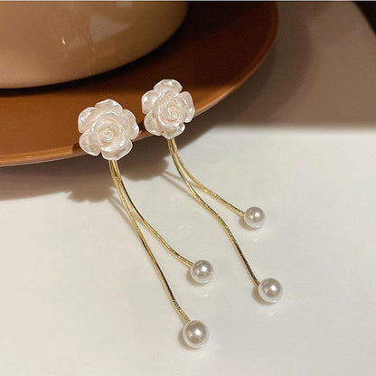 Fashion Simple White Camellia Tassel Earrings