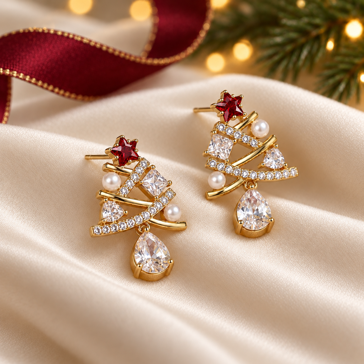 Christmas Tree Drop Earrings with Red Star and Teardrop Dangle