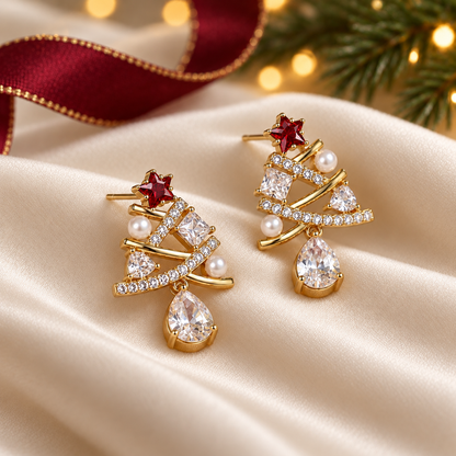 Christmas Tree Drop Earrings with Red Star and Teardrop Dangle
