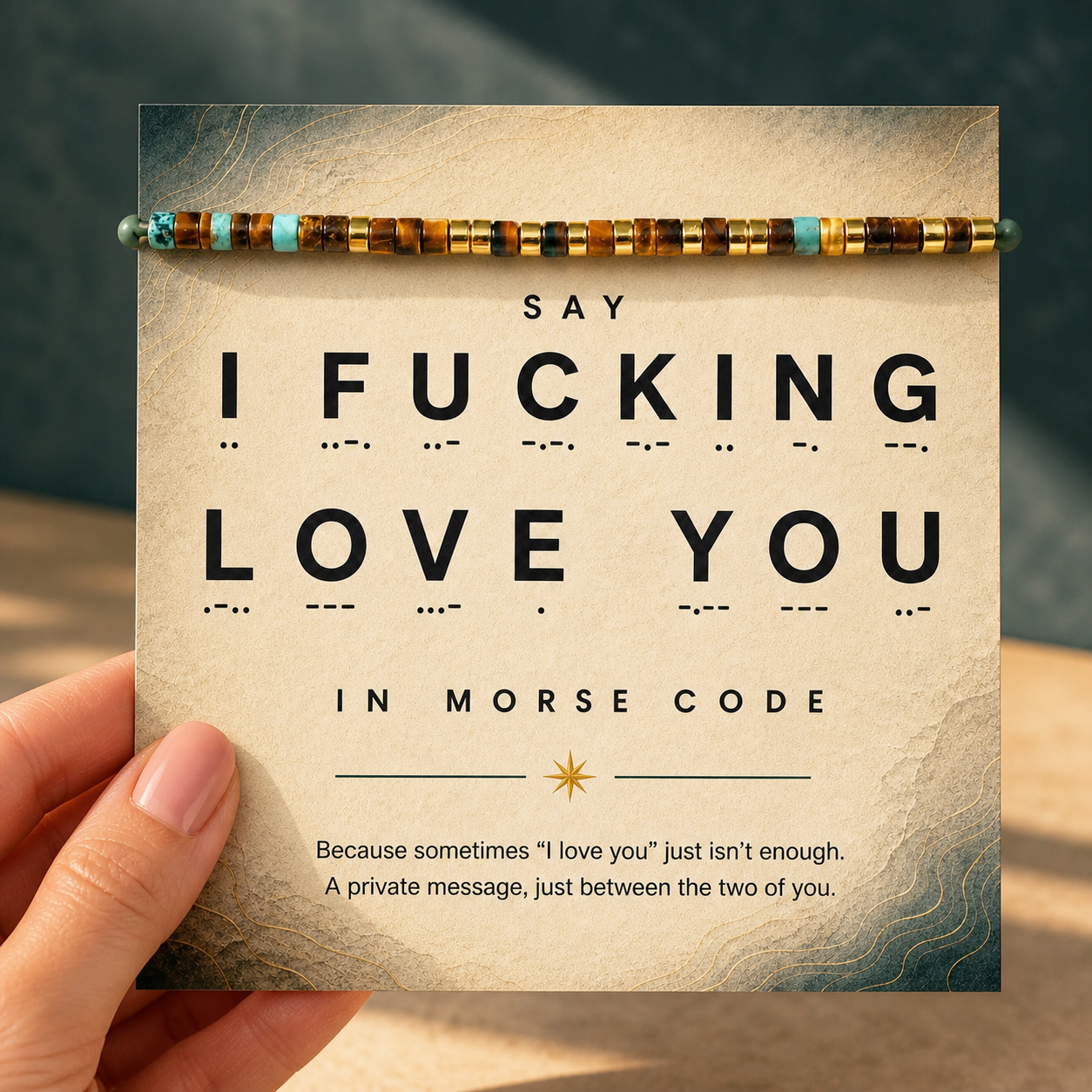 'I Fucking Love You' Morse Code Bracelet with African Turquoise Tiger eye