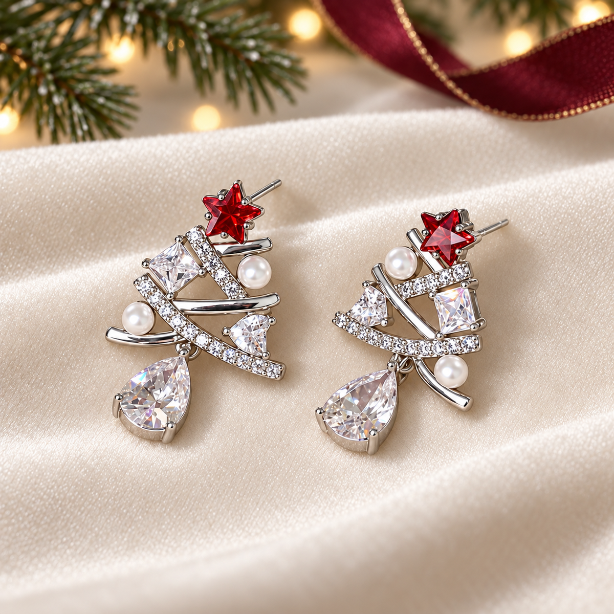 Christmas Tree Drop Earrings with Red Star and Teardrop Dangle