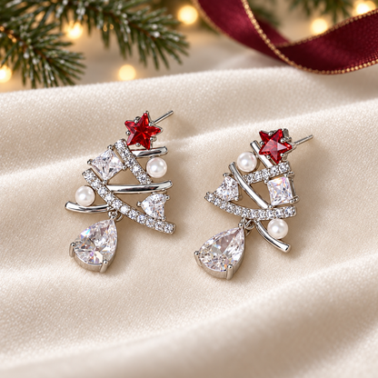 Christmas Tree Drop Earrings with Red Star and Teardrop Dangle