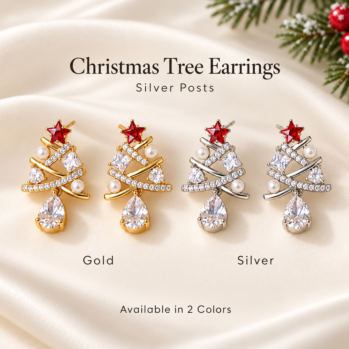 Christmas Tree Drop Earrings with Red Star and Teardrop Dangle