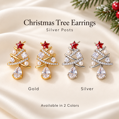 Christmas Tree Drop Earrings with Red Star and Teardrop Dangle