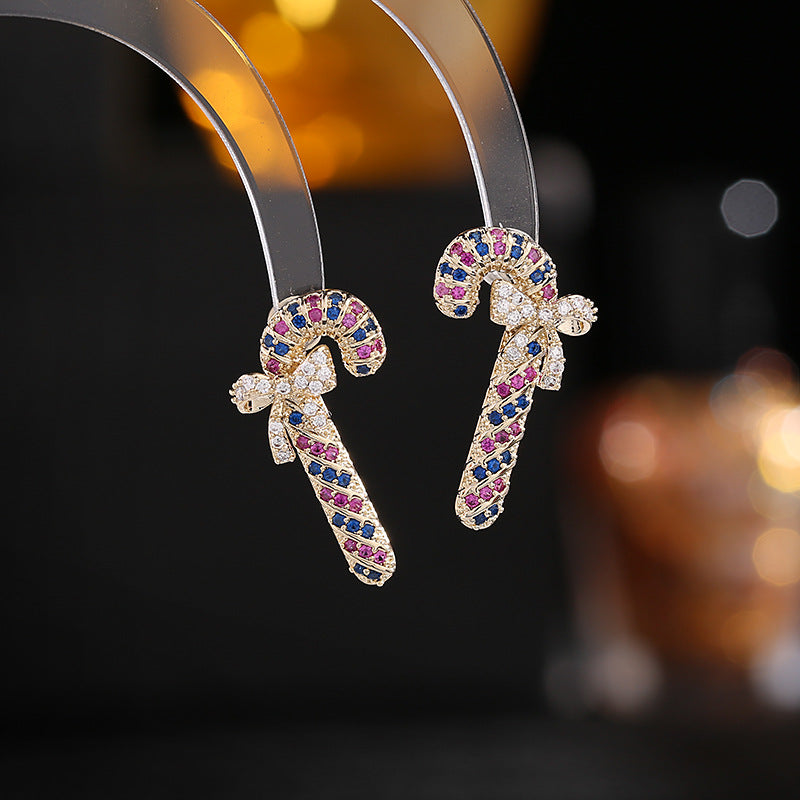 Fashion Christmas Colorful Zircon Bow Decor Fairy Stick Stud Earrings